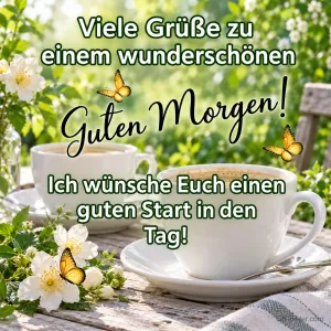 Zwei Kaffeetassen zwischen weißen Blüten und Schmetterlingen, Text: Viele Grüße zu einem wunderschönen Guten Morgen! Ich wünsche Euch einen guten Start in den Tag!