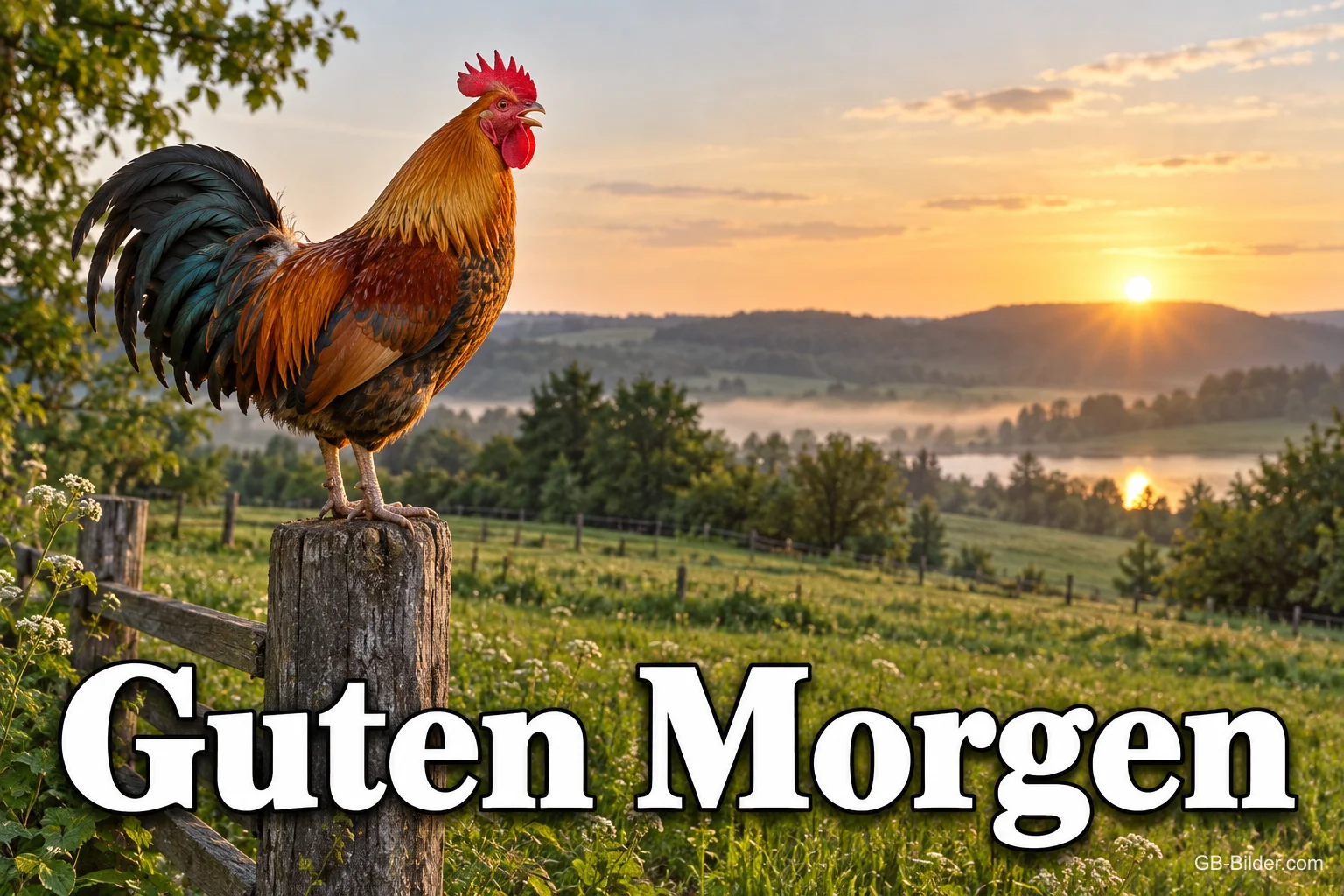 Hahn auf einem Zaunpfosten bei Sonnenaufgang, Text: Guten Morgen Hahn auf einem Zaunpfosten bei Sonnenaufgang, Text: Guten Morgen