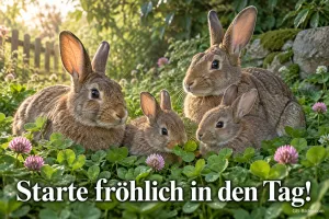 Hasenfamilie im Klee, Text: Starte fröhlich in den Tag