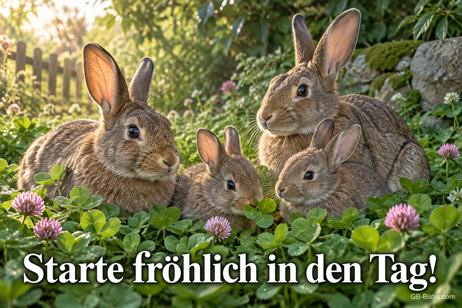 Hasenfamilie im Klee, Text: Starte fröhlich in den Tag Hasenfamilie im Klee, Text: Starte fröhlich in den Tag