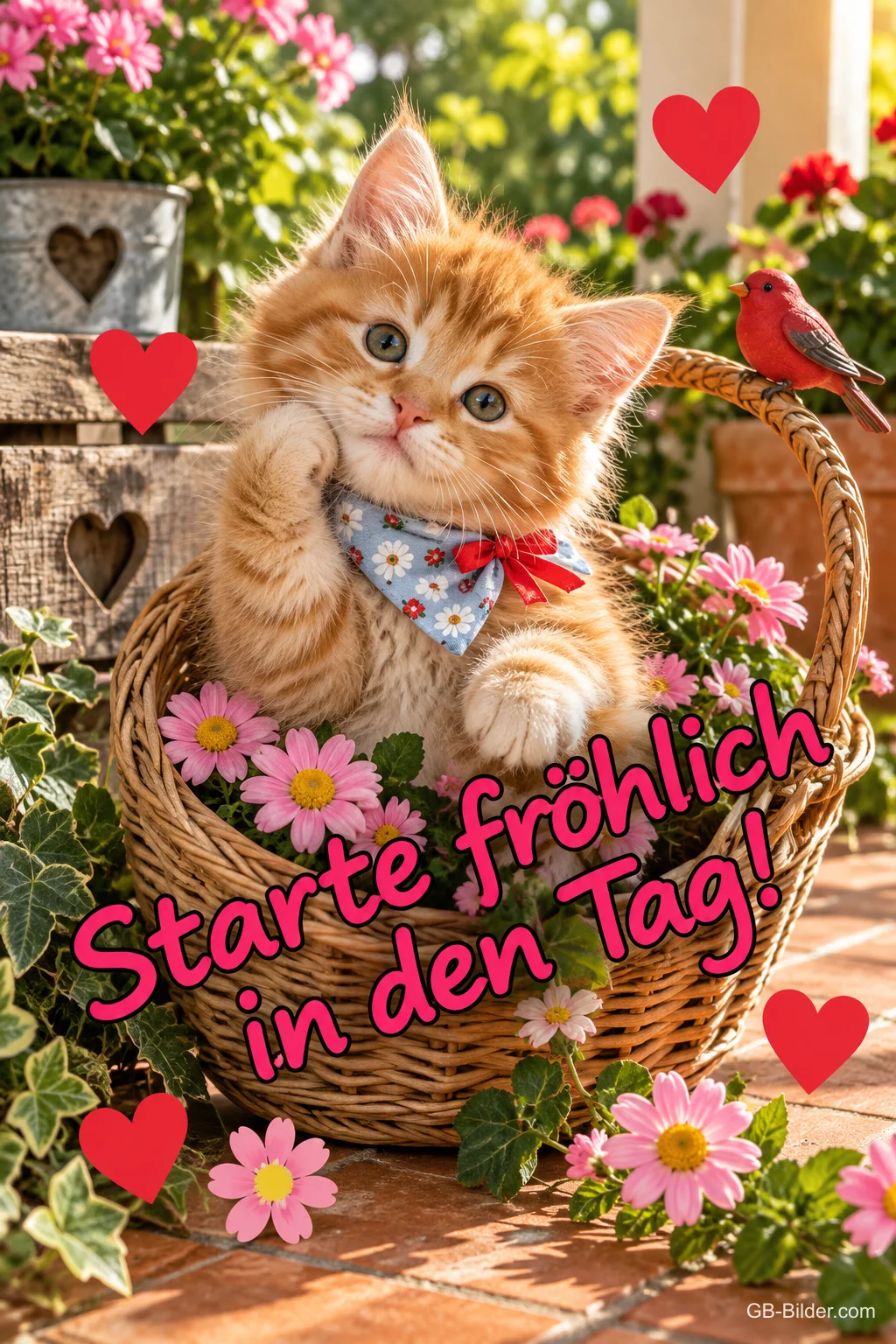 Rotes Kätzchen mit Halstuch sitzt in einem Blumenkorb, Herzen und Rotkardinal, Text: Starte fröhlich in den Tag!