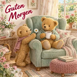 Zwei Teddybären mit Kaffeetasse und Gänseblümchen im Sessel, Text: Guten Morgen