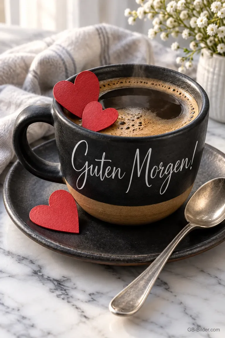 Schwarze Kaffeetasse mit roten Herzen auf Marmor, Text: Guten Morgen!