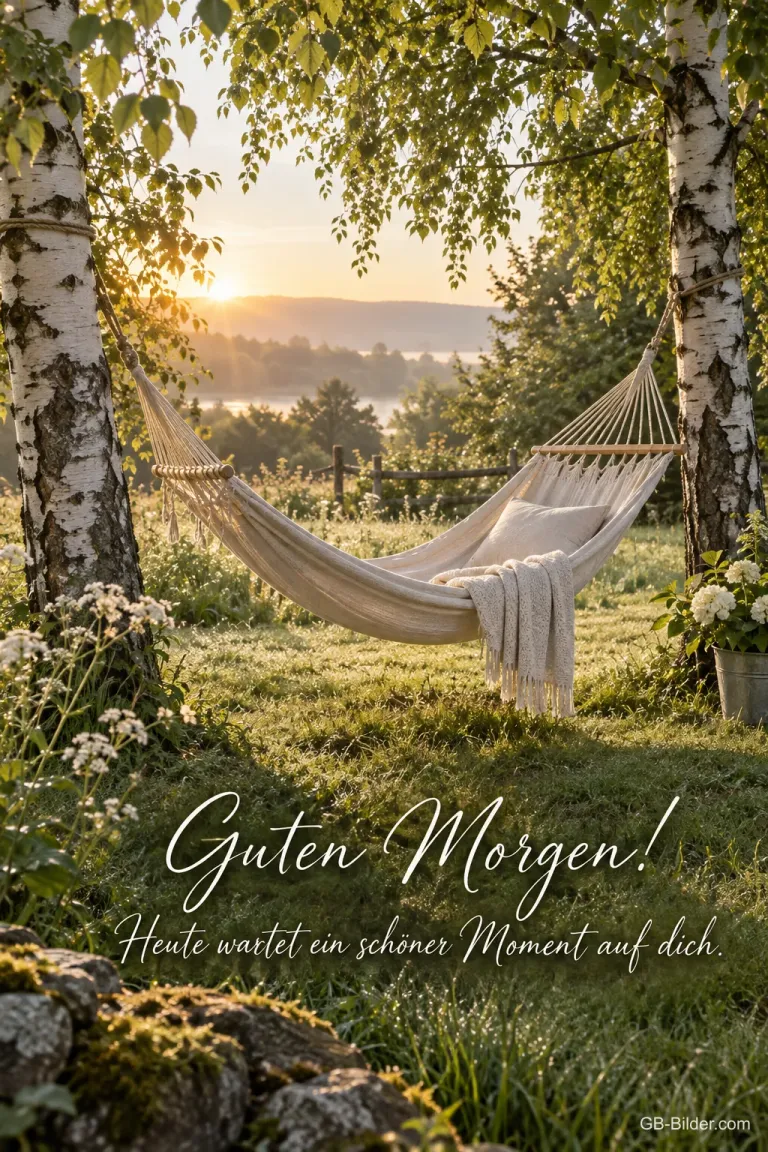 Hängematte zwischen Birken, Text: Guten Morgen
