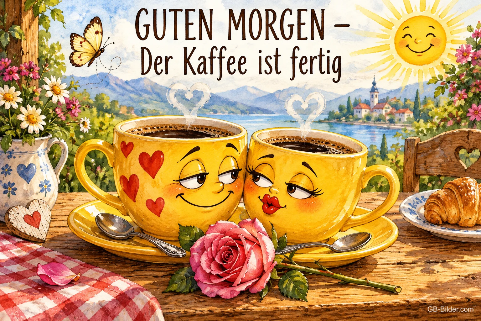 Zwei gelbe Kaffeetassen mit Gesichtern kuscheln am Frühstückstisch, Text: GUTEN MORGEN – Der Kaffee ist fertig Zwei gelbe Kaffeetassen mit Gesichtern kuscheln am Frühstückstisch, Text: GUTEN MORGEN – Der Kaffee ist fertig