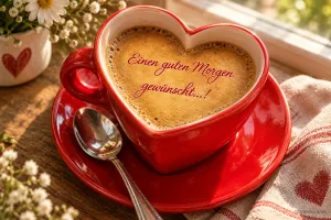 Rote herzförmige Kaffeetasse mit Schrift im Milchschaum, Text: Einen guten Morgen gewünscht…!