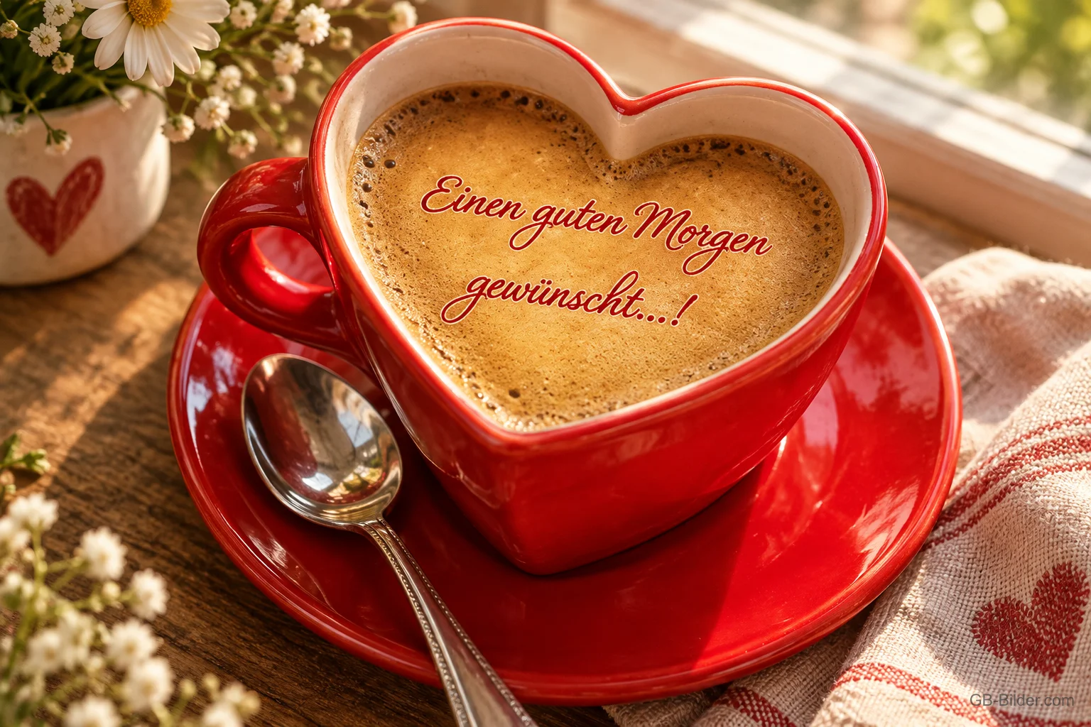 Rote herzförmige Kaffeetasse mit Schrift im Milchschaum, Text: Einen guten Morgen gewünscht…! Rote herzförmige Kaffeetasse mit Schrift im Milchschaum, Text: Einen guten Morgen gewünscht…!
