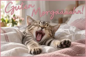 Getigertes Kätzchen gähnt im Bett, Text: Guten Morgäääähn!