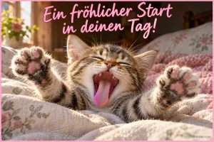Getigertes Kätzchen gähnt und streckt die Pfoten im Bett, Text: Ein fröhlicher Start in deinen Tag!