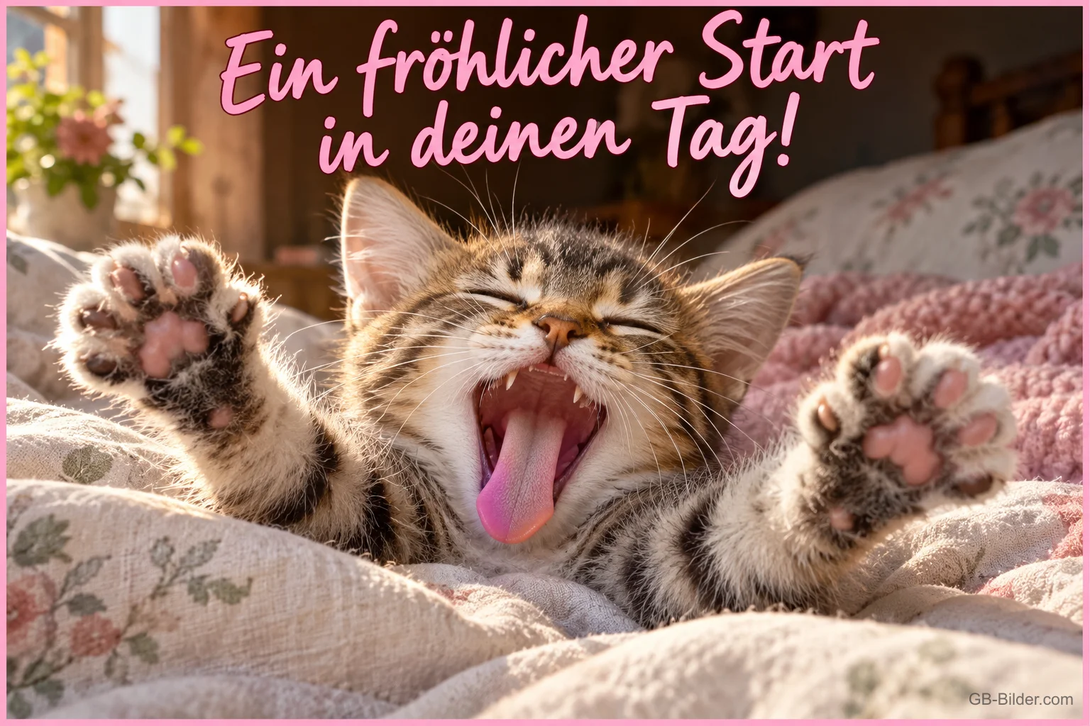 Getigertes Kätzchen gähnt und streckt die Pfoten im Bett, Text: Ein fröhlicher Start in deinen Tag!