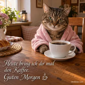 Katze im rosa Bademantel sitzt mit Kaffeetasse am Tisch, Text: Heute bring ich dir mal den Kaffee. Guten Morgen ☕