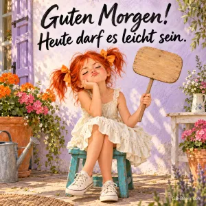 Mädchen mit orangen Schleifen sitzt schmollend mit leerem Schild im Garten, Text: Guten Morgen! Heute darf es leicht sein.