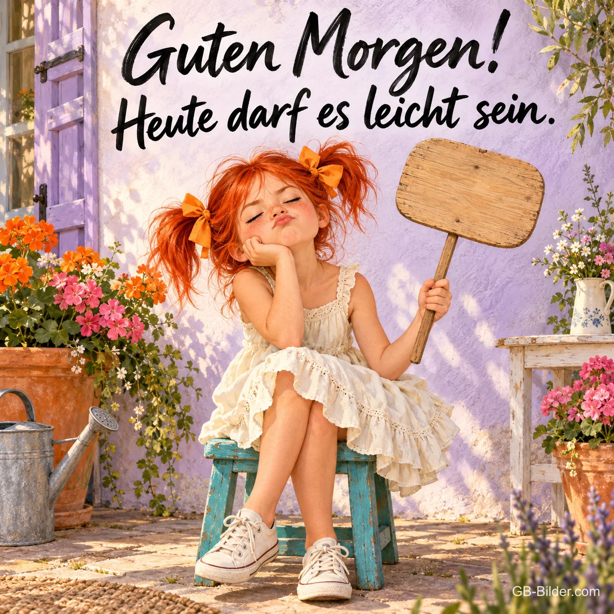 Mädchen mit orangen Schleifen sitzt schmollend mit leerem Schild im Garten, Text: Guten Morgen! Heute darf es leicht sein. Mädchen mit orangen Schleifen sitzt schmollend mit leerem Schild im Garten, Text: Guten Morgen! Heute darf es leicht sein.