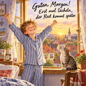Junge im Schlafanzug streckt sich am offenen Fenster, Katze auf dem Fensterbrett, Text: Guten Morgen! Erst mal lächeln, der Rest kommt später.