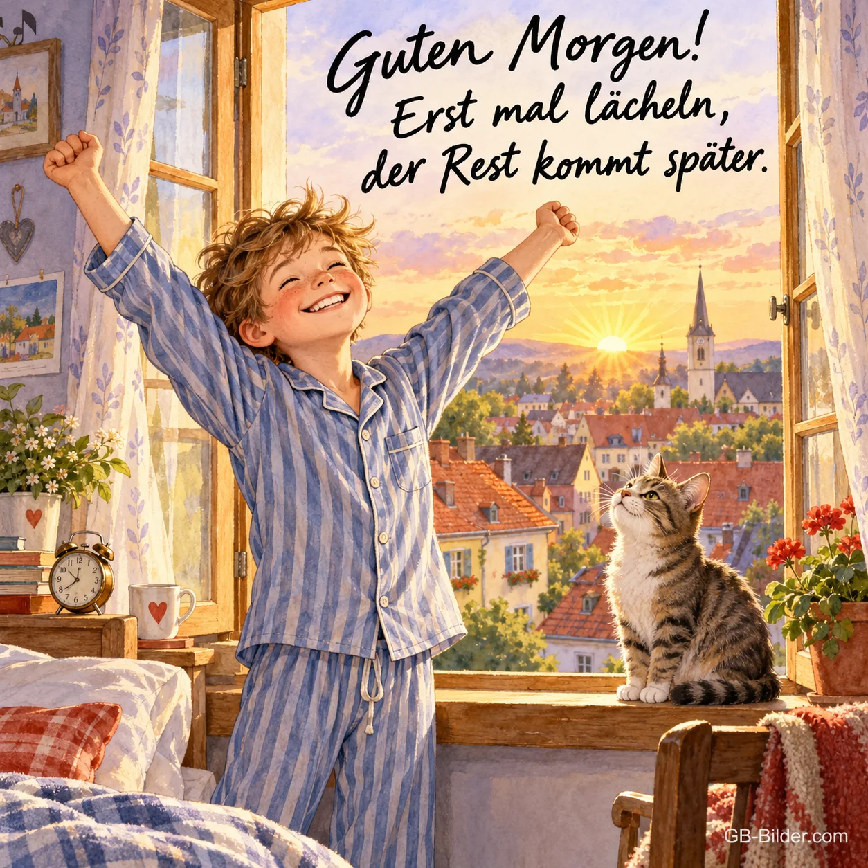 Junge im Schlafanzug streckt sich am offenen Fenster, Katze auf dem Fensterbrett, Text: Guten Morgen! Erst mal lächeln, der Rest kommt später. Junge im Schlafanzug streckt sich am offenen Fenster, Katze auf dem Fensterbrett, Text: Guten Morgen! Erst mal lächeln, der Rest kommt später.