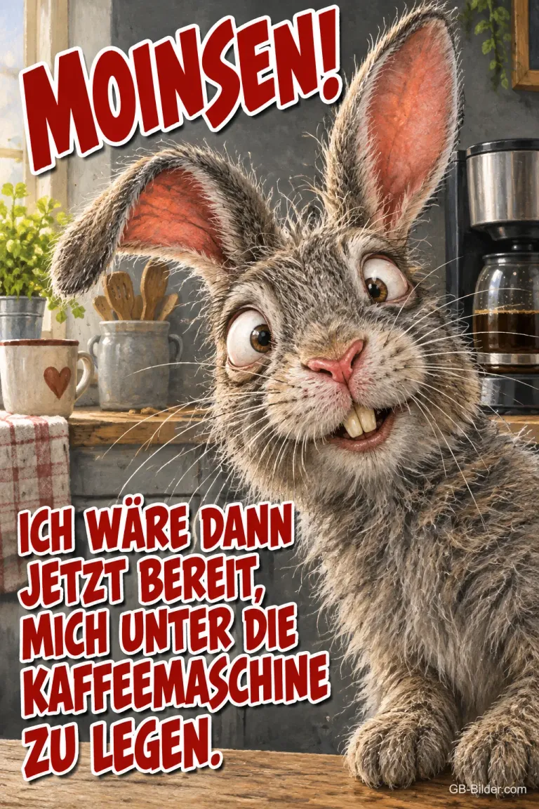 Zerzauster Hase mit großen Augen vor einer Kaffeemaschine, Text: MOINSEN! ICH WÄRE DANN JETZT BEREIT, MICH UNTER DIE KAFFEEMASCHINE ZU LEGEN.