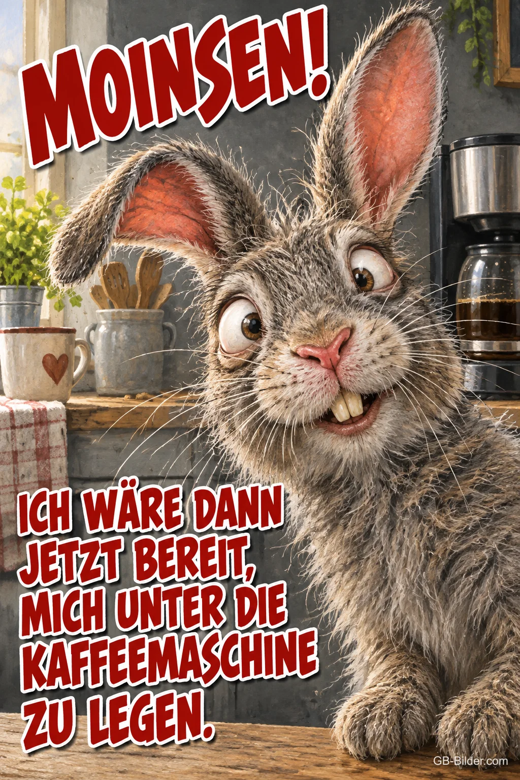 Zerzauster Hase mit großen Augen vor einer Kaffeemaschine, Text: MOINSEN! ICH WÄRE DANN JETZT BEREIT, MICH UNTER DIE KAFFEEMASCHINE ZU LEGEN. Zerzauster Hase mit großen Augen vor einer Kaffeemaschine, Text: MOINSEN! ICH WÄRE DANN JETZT BEREIT, MICH UNTER DIE KAFFEEMASCHINE ZU LEGEN.