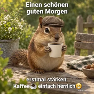 Streifenhörnchen mit Schiebermütze hält einen Kaffeebecher, Text: Einen schönen guten Morgen – erstmal stärken, Kaffee ☕ einfach herrlich 😁