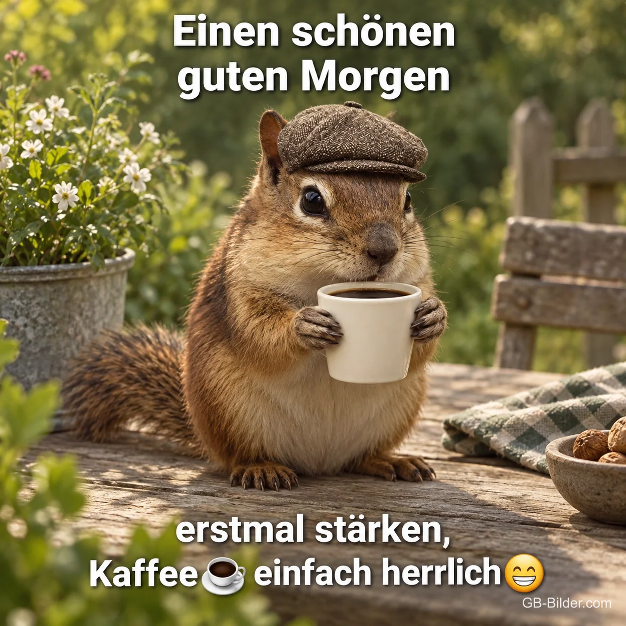 Streifenhörnchen mit Schiebermütze hält einen Kaffeebecher, Text: Einen schönen guten Morgen – erstmal stärken, Kaffee ☕ einfach herrlich 😁 Streifenhörnchen mit Schiebermütze hält einen Kaffeebecher, Text: Einen schönen guten Morgen – erstmal stärken, Kaffee ☕ einfach herrlich 😁