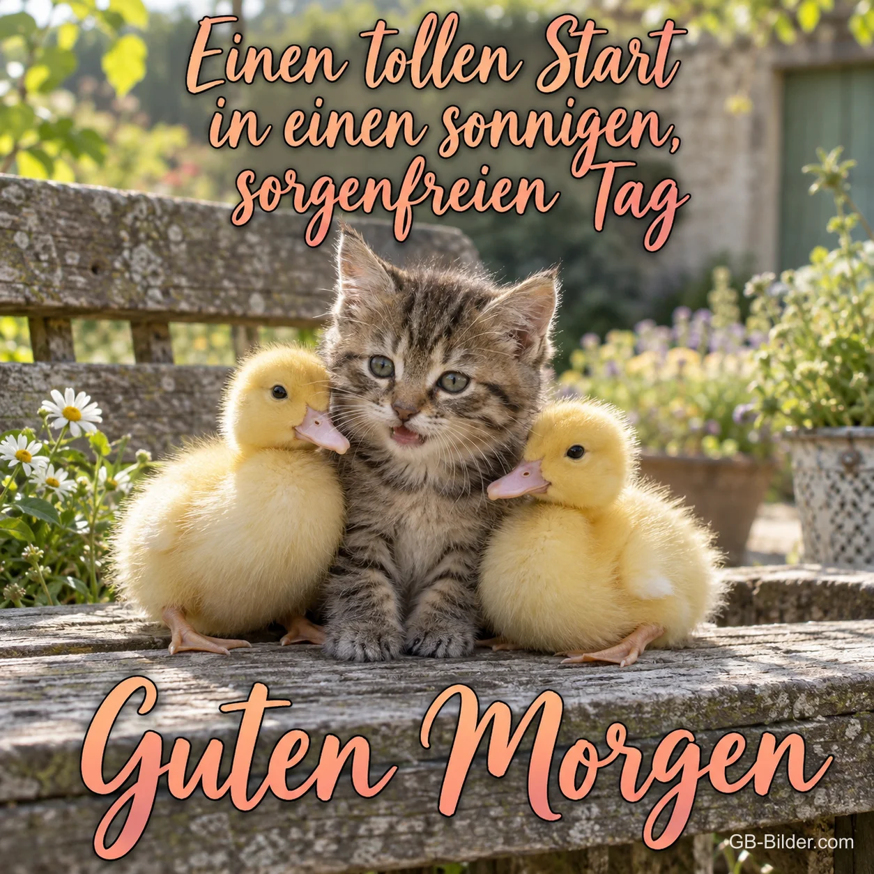 Kätzchen zwischen zwei Entenküken auf einer Gartenbank, Text: Einen tollen Start in einen sonnigen, sorgenfreien Tag – Guten Morgen