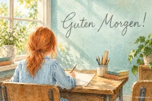 Mädchen mit roten Haaren schreibt am Schreibtisch am Fenster, Text: Guten Morgen!