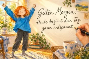 Rothaariges Mädchen streckt sich fröhlich am sonnigen Fenster, Kaffeetasse, Text: Guten Morgen! Heute beginnt dein Tag ganz entspannt.
