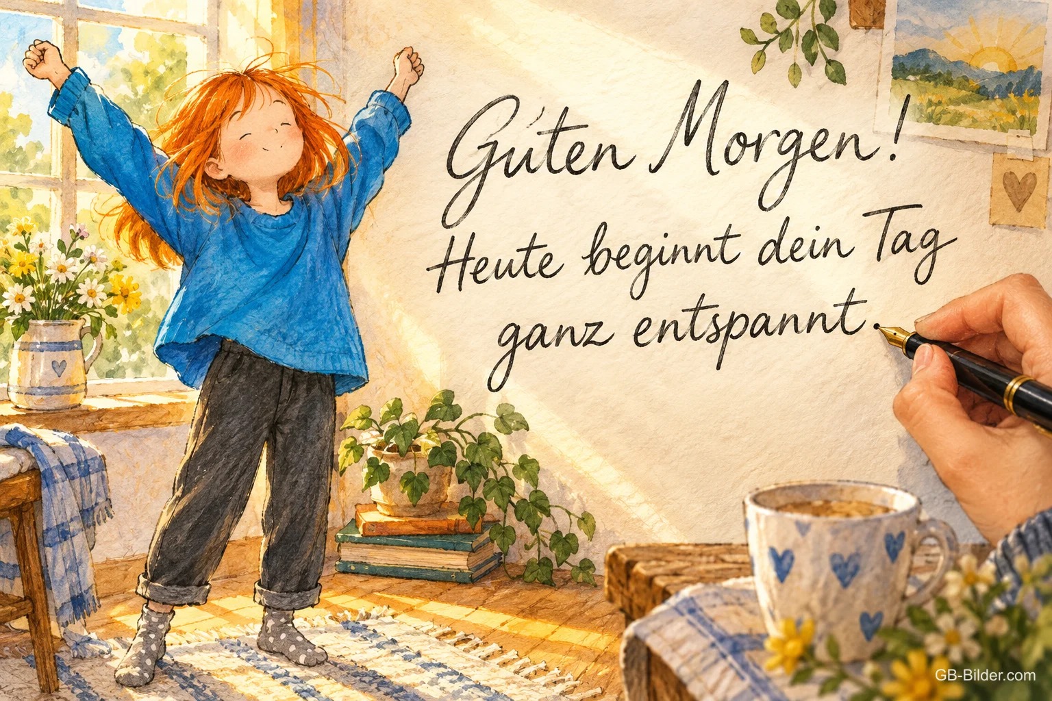 Rothaariges Mädchen streckt sich fröhlich am sonnigen Fenster, Kaffeetasse, Text: Guten Morgen! Heute beginnt dein Tag ganz entspannt.
