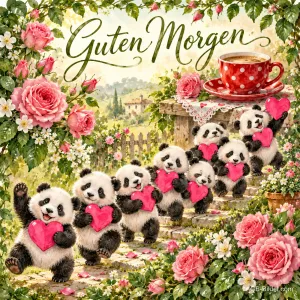 Kleine Pandas tragen rosa Herzen durch einen Rosengarten, Kaffeetasse, Text: Guten Morgen