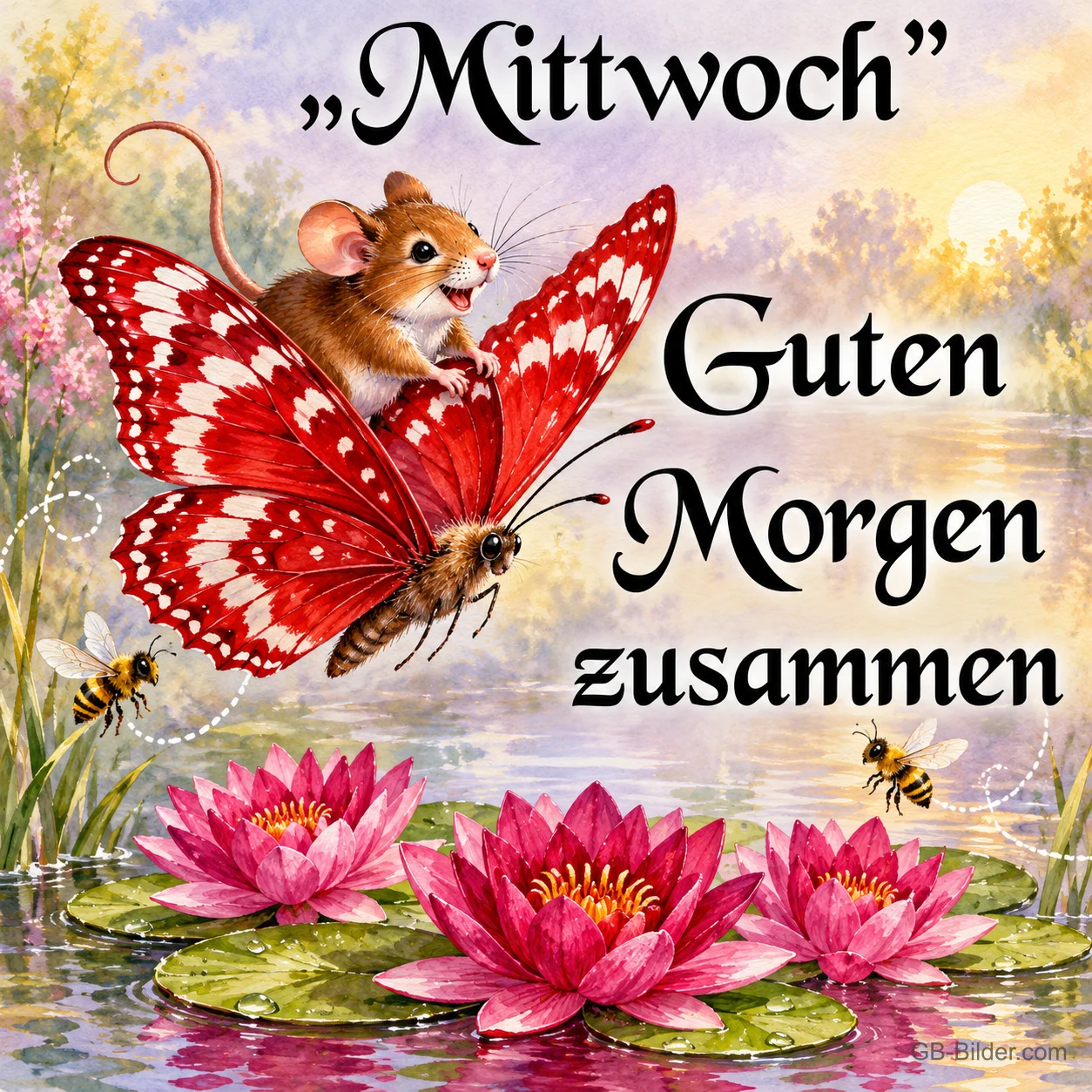 Maus reitet auf einem roten Schmetterling über einen Seerosenteich, Text: „Mittwoch“ Guten Morgen zusammen – Der fröhliche Wecker
