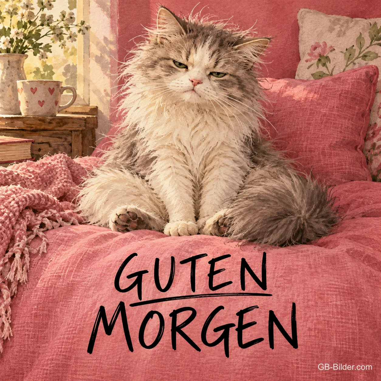 Mürrische Perserkatze sitzt auf einem rosa Bett, Text: GUTEN MORGEN