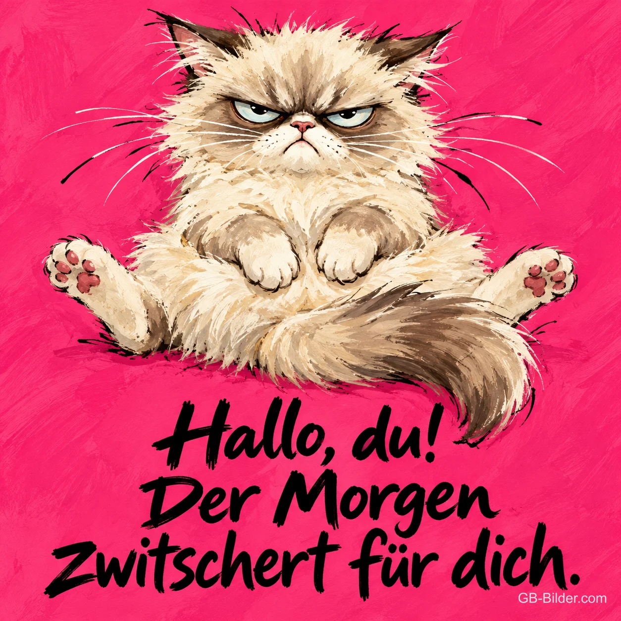 Zerzauste Katze sitzt grimmig breitbeinig vor pinkem Hintergrund, Text: Hallo, du! Der Morgen zwitschert für dich.