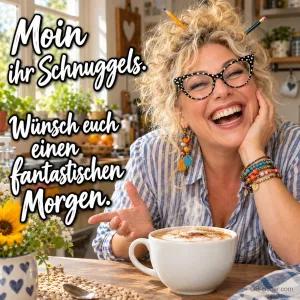 Lachende Frau mit Brille und Stiften im Haar stützt den Kopf am Küchentisch neben einem Cappuccino, Text: Moin ihr Schnuggels. Wünsch euch einen fantastischen Morgen.