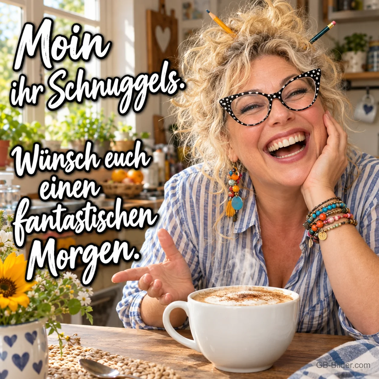 Lachende Frau mit Brille und Stiften im Haar stützt den Kopf am Küchentisch neben einem Cappuccino, Text: Moin ihr Schnuggels. Wünsch euch einen fantastischen Morgen.