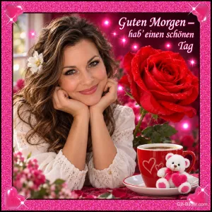 Lächelnde Frau stützt das Kinn neben einer roten Rose, Kaffeetasse und Teddy, Text: Guten Morgen – hab’ einen schönen Tag
