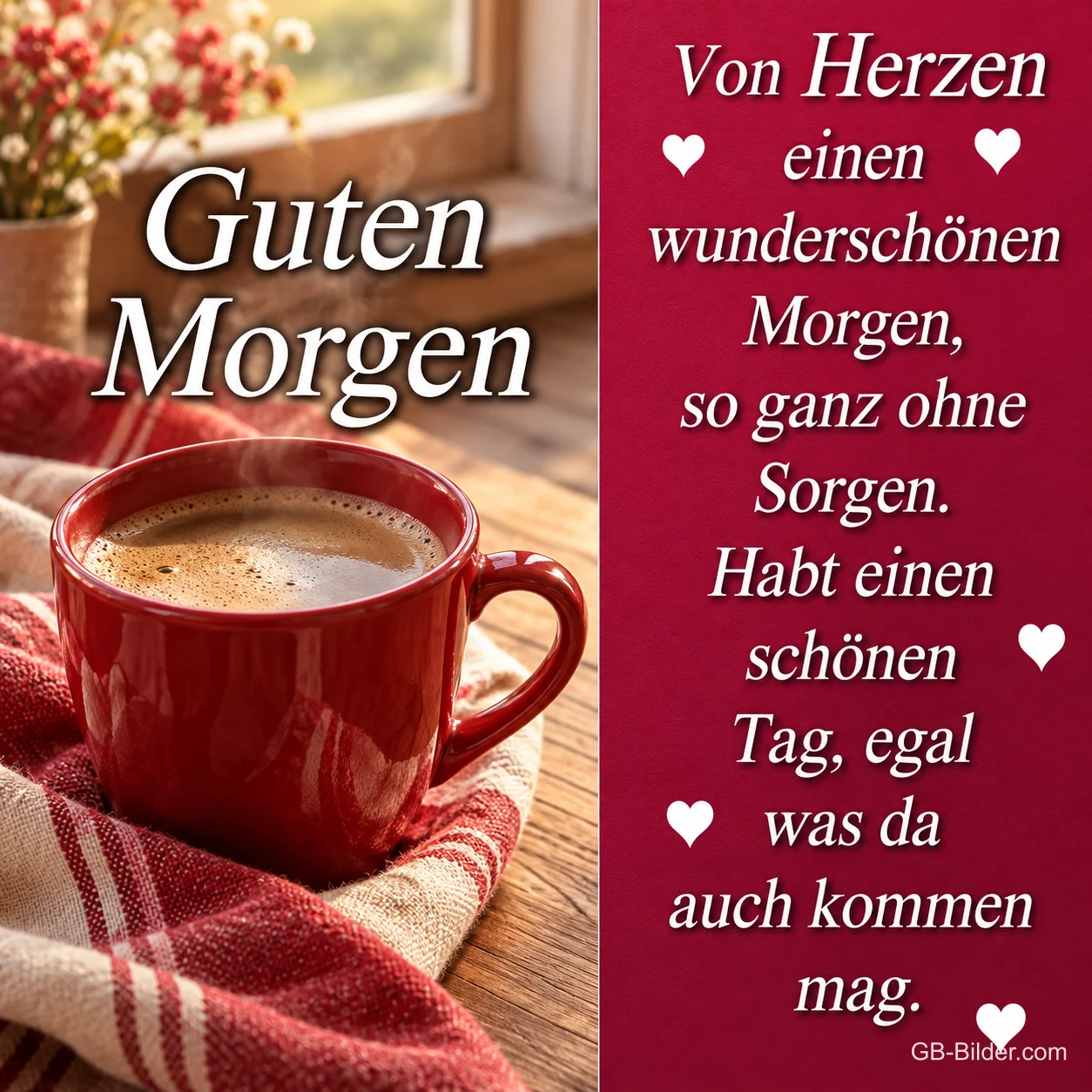 Rote Kaffeetasse auf einem karierten Tuch, Text: Guten Morgen – Von Herzen einen wunderschönen Morgen, so ganz ohne Sorgen. Habt einen schönen Tag, egal was da auch kommen mag.