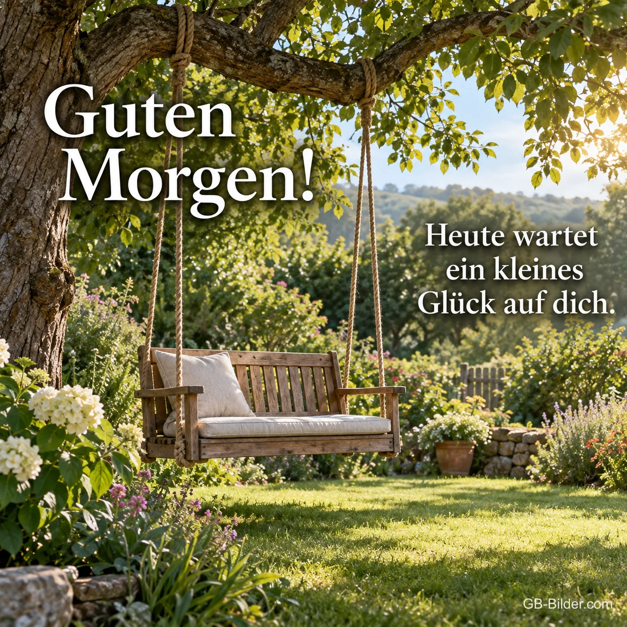 Gartenschaukel im Garten, Text: Guten Morgen