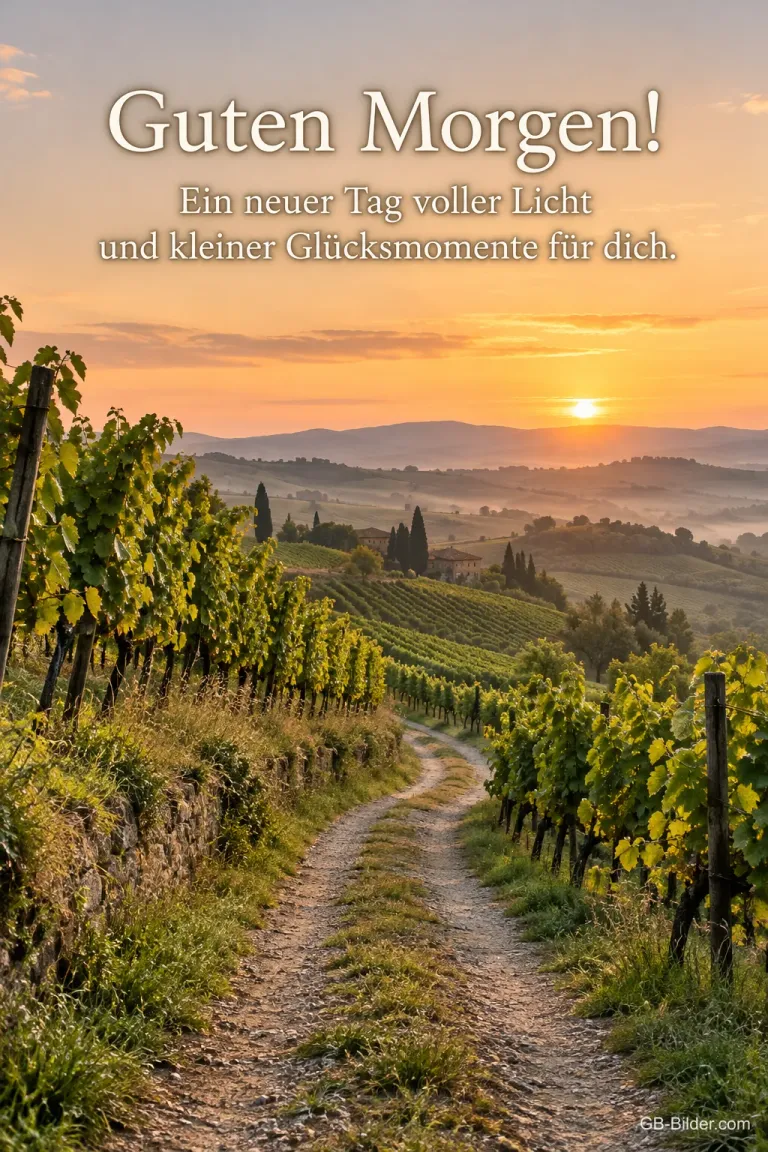 Weinbergweg im Sonnenaufgang, Text: Guten Morgen
