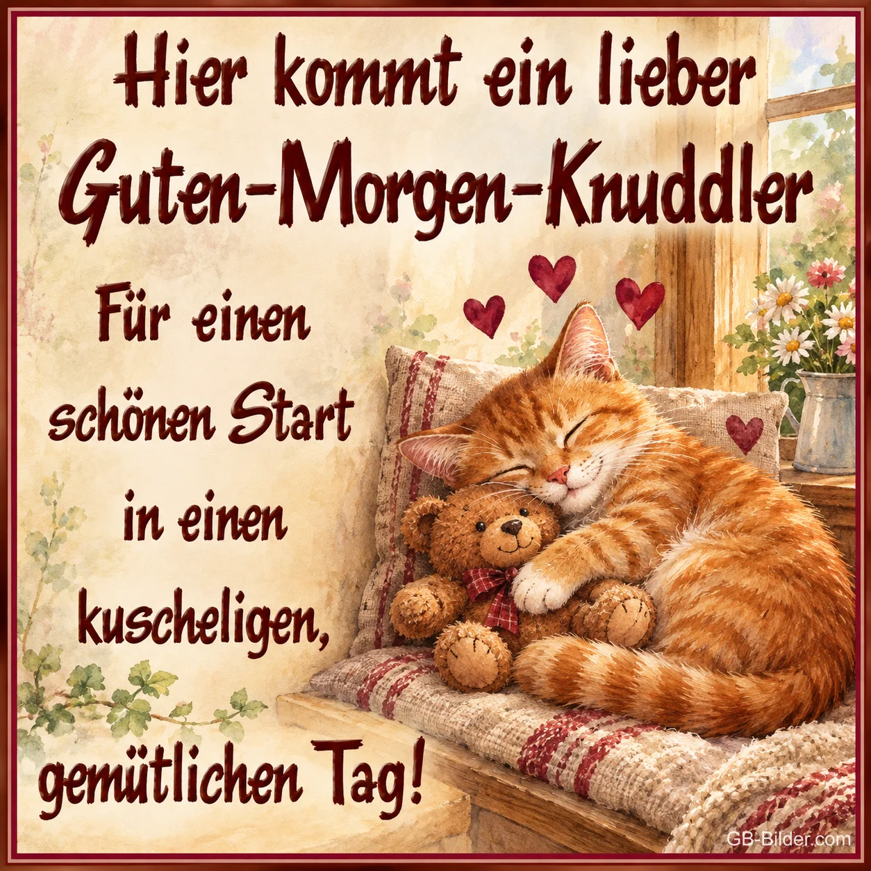 Rote Katze kuschelt mit einem Teddybären auf einem Kissen, Text: Hier kommt ein lieber Guten-Morgen-Knuddler. Für einen schönen Start in einen kuscheligen, gemütlichen Tag!