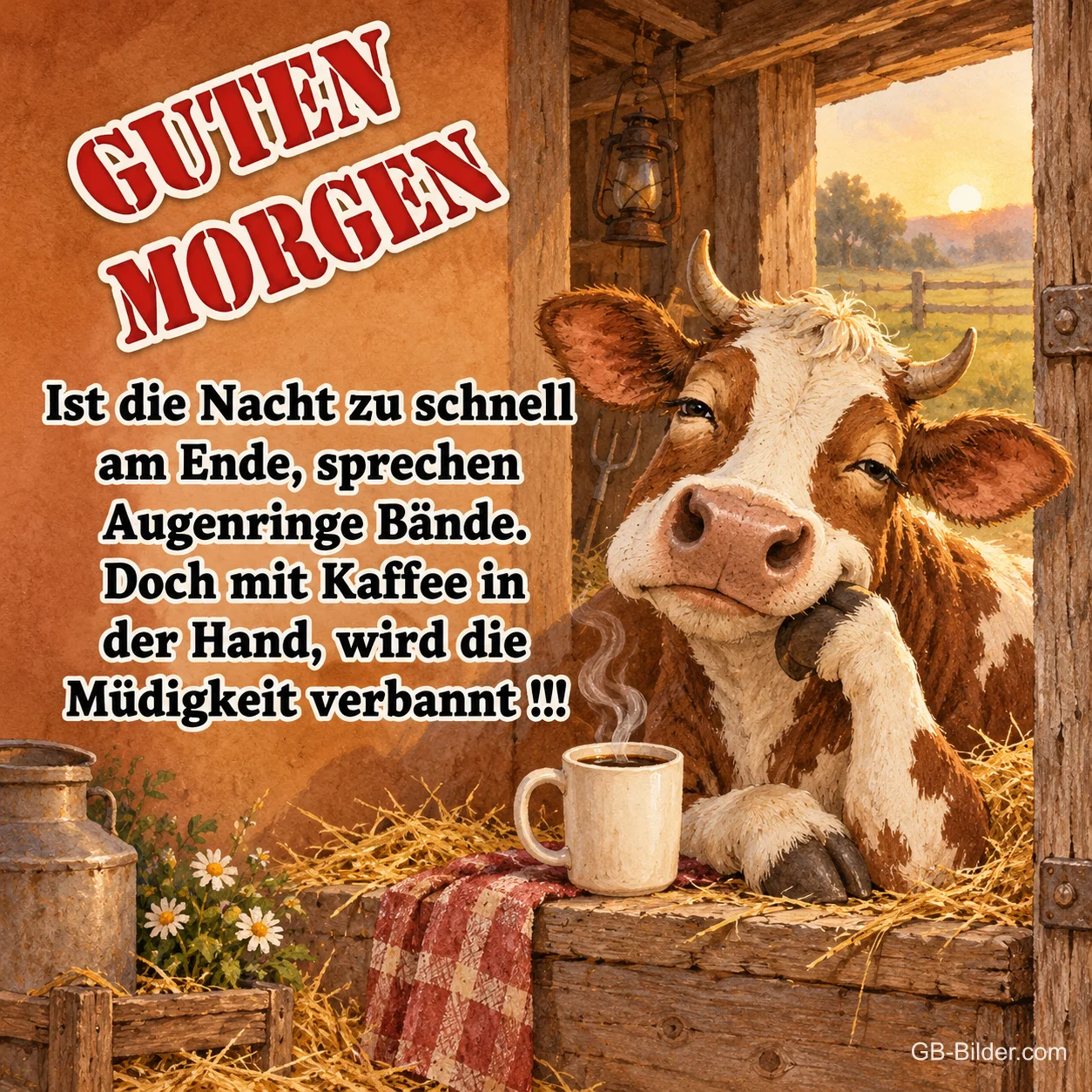 Müde Kuh lehnt im Stall neben einer Tasse Kaffee, Text: Guten Morgen – Ist die Nacht zu schnell am Ende, sprechen Augenringe Bände. Doch mit Kaffee in der Hand, wird die Müdigkeit verbannt!!!