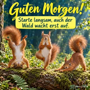 Drei Eichhörnchen machen Yoga auf einem moosigen Baumstamm im Wald, Text: Guten Morgen! Starte langsam, auch der Wald wacht erst auf.