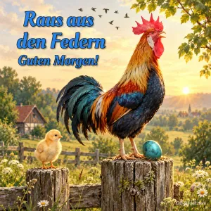 Hahn auf einem Baumstumpf neben Küken und blauem Ei, Text: Raus aus den Federn – Guten Morgen!