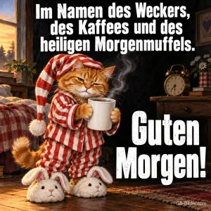 Müder roter Kater im gestreiften Schlafanzug mit Kaffeebecher und Hasen-Hausschuhen, Text: Im Namen des Weckers, des Kaffees und des heiligen Morgenmuffels. Guten Morgen!