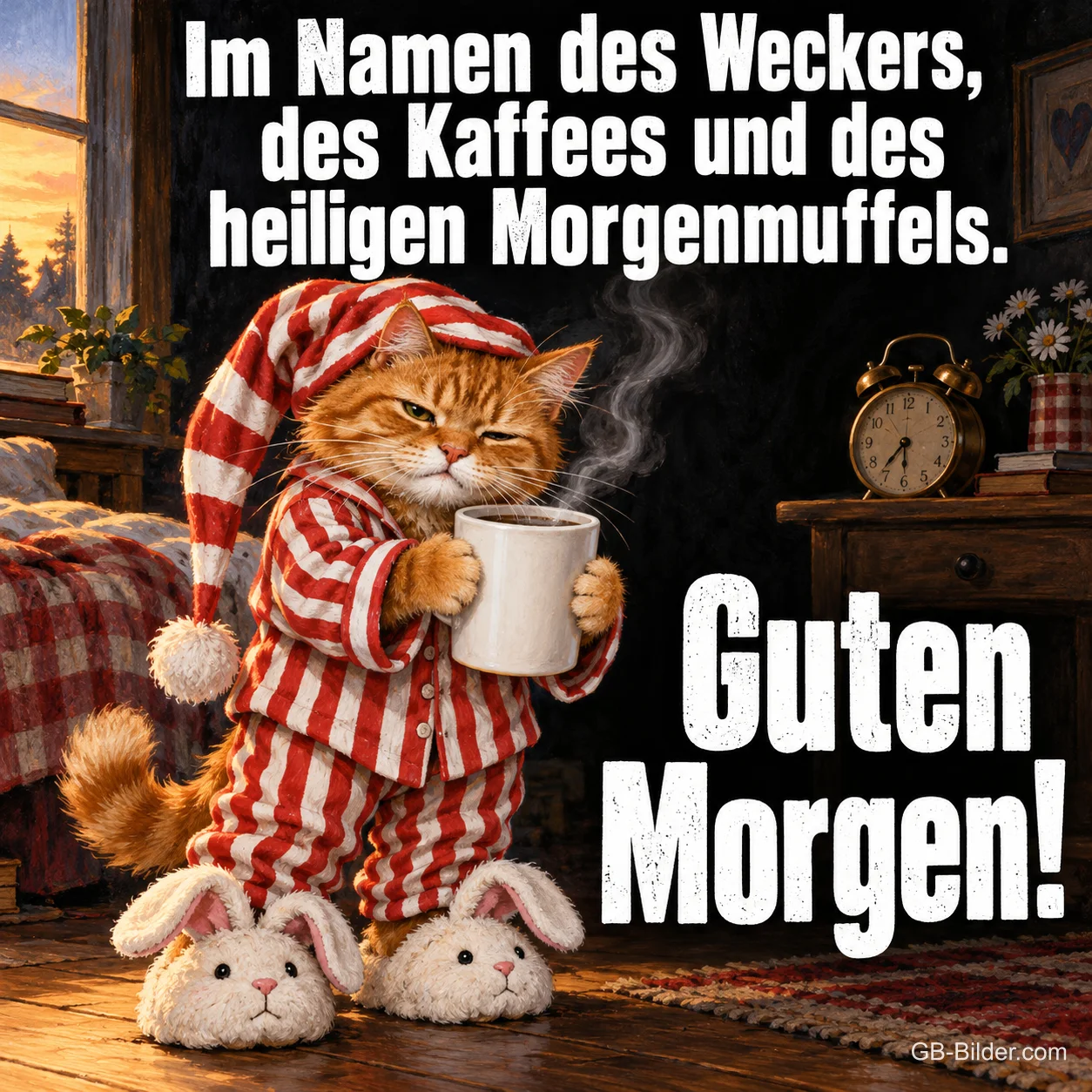 Müder roter Kater im gestreiften Schlafanzug mit Kaffeebecher und Hasen-Hausschuhen, Text: Im Namen des Weckers, des Kaffees und des heiligen Morgenmuffels. Guten Morgen! Müder roter Kater im gestreiften Schlafanzug mit Kaffeebecher und Hasen-Hausschuhen, Text: Im Namen des Weckers, des Kaffees und des heiligen Morgenmuffels. Guten Morgen!