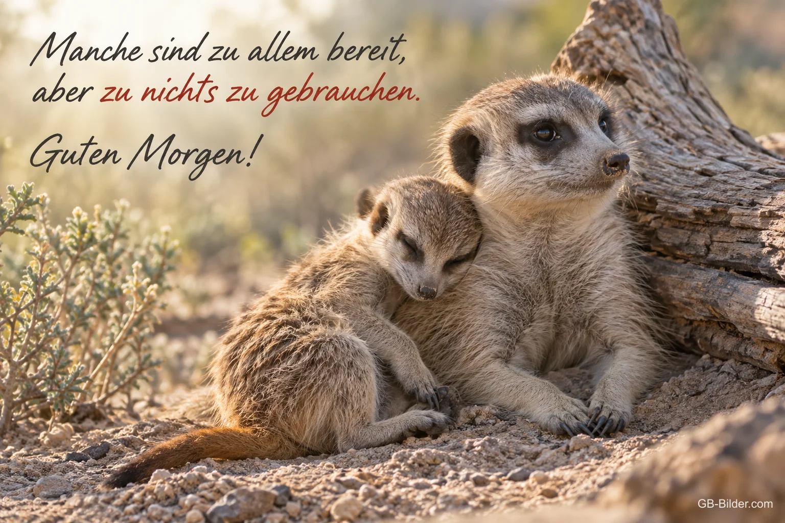 Zwei Erdmännchen kuscheln an einem Baumstamm, Text: Manche sind zu allem bereit, aber zu nichts zu gebrauchen. Guten Morgen!