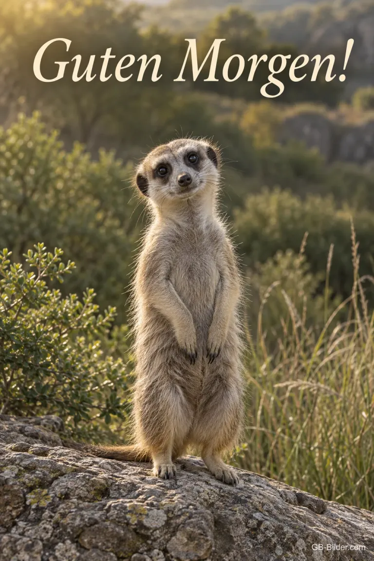 Erdmännchen steht auf einem Felsen in der Morgensonne, Text: Guten Morgen!