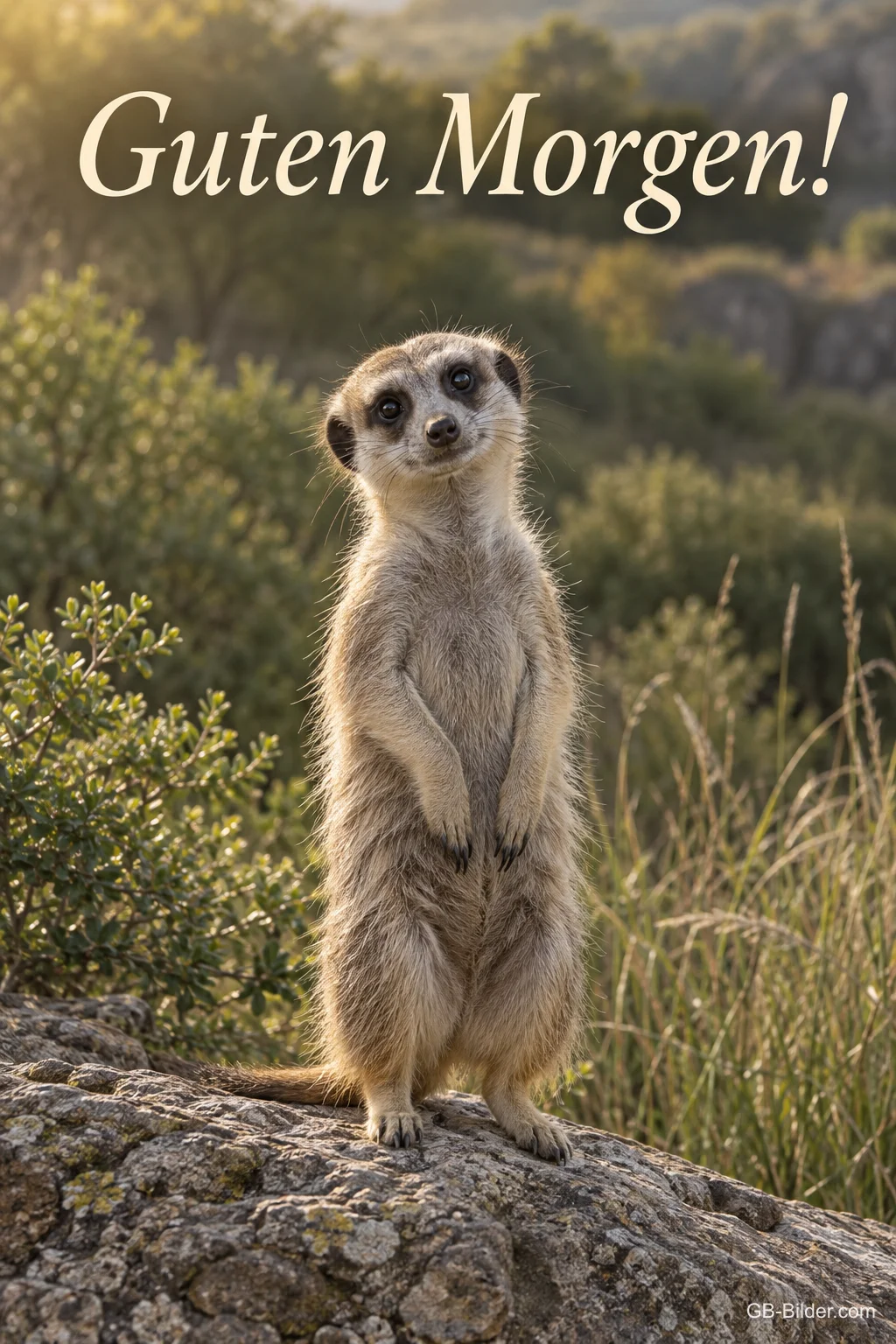 Erdmännchen steht auf einem Felsen in der Morgensonne, Text: Guten Morgen!