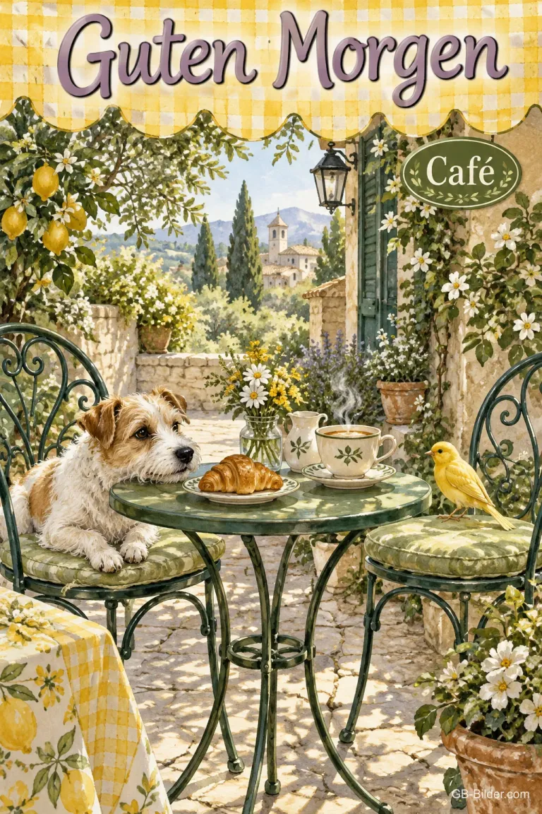 Hund und Kanarienvogel an einem Cafétisch mit Kaffee und Croissant, Text: Guten Morgen