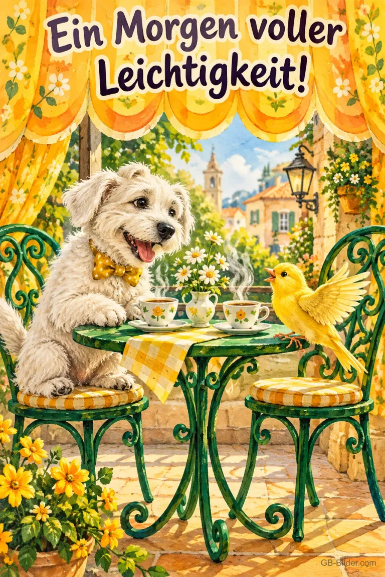 Weißer Hund mit Fliege und gelber Vogel sitzen an einem Cafétisch mit Tee, Text: Ein Morgen voller Leichtigkeit!