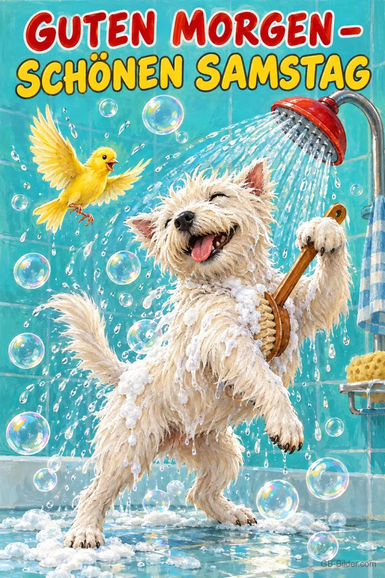 Weißer Hund schrubbt sich lachend unter der Dusche, ein gelber Vogel fliegt im Schaum, Text: GUTEN MORGEN – SCHÖNEN SAMSTAG
