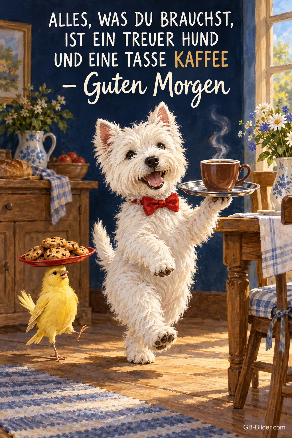 Westie mit roter Fliege serviert Kaffee und Kekse, ein Küken läuft mit, Text: ALLES, WAS DU BRAUCHST, IST EIN TREUER HUND UND EINE TASSE KAFFEE – Guten Morgen